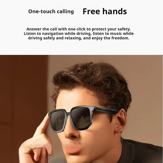 Black AI Smart Glasses with Bluetooth audio, showing touch controls on temple arm and UV400 lenses.