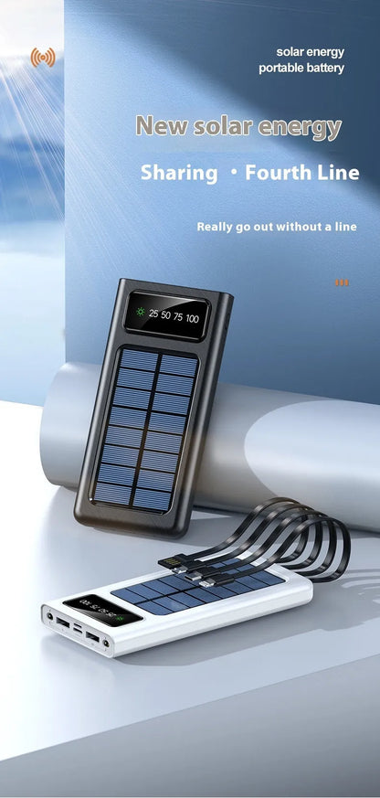 Portable solar power bank with 20000mAh capacity in black or white plastic casing