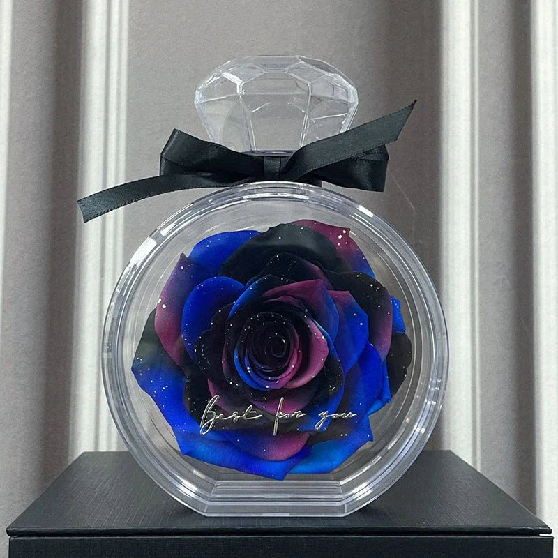 Preserved floral ornaments in various colors, displayed in a transparent cover for elegant home decor