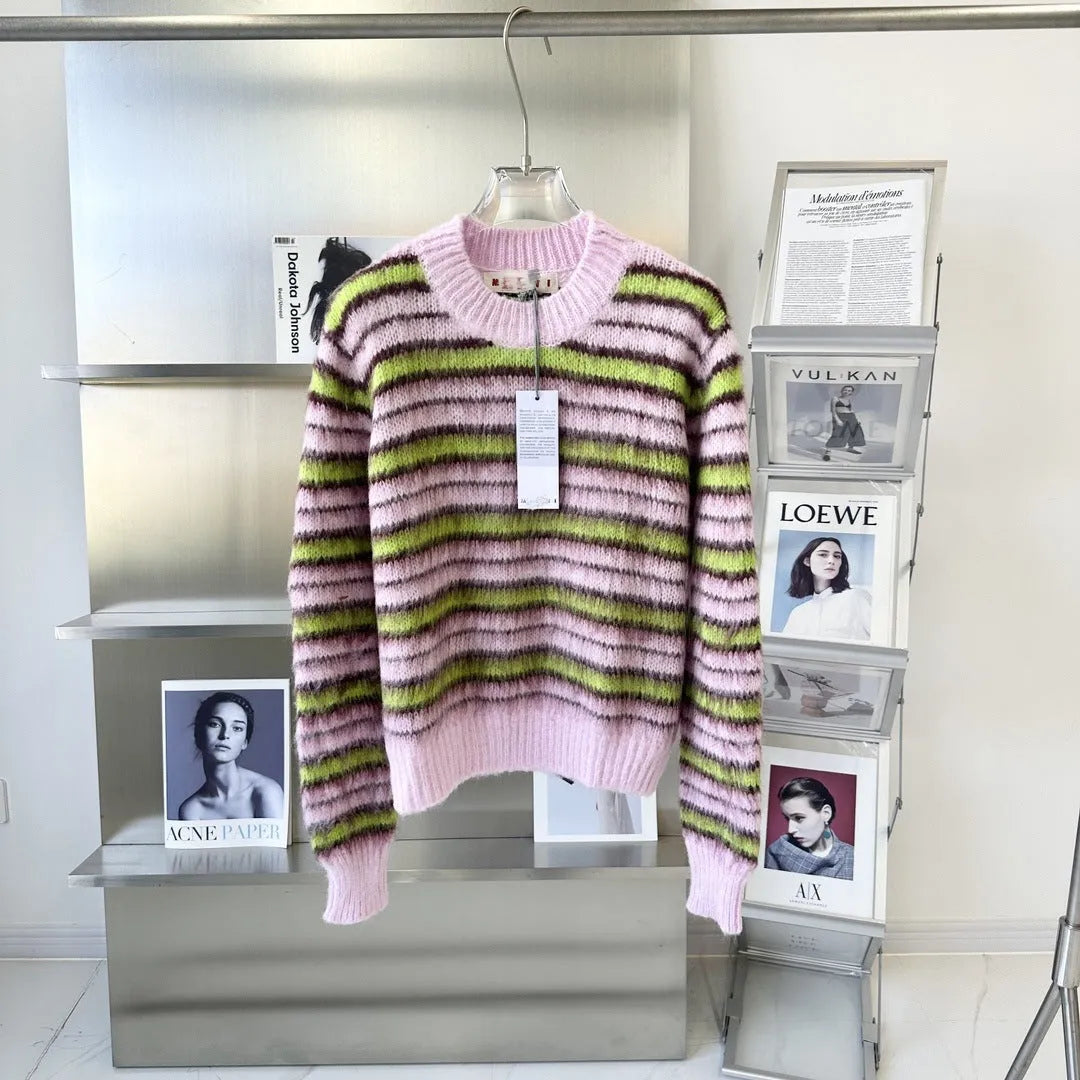 Pink wool ladies cardigan sweater with nap finish and contrast detailing, shown in cardigan and pullover styles.