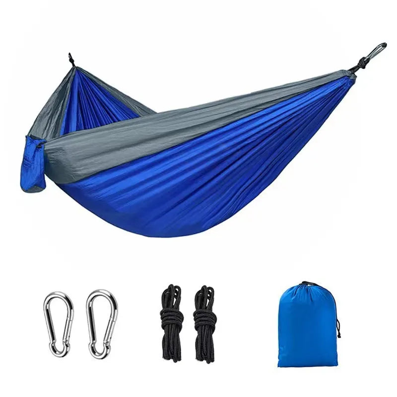 Outdoor camping hammock in sapphire blue colour showing 270cm length and 140cm width dimensions
