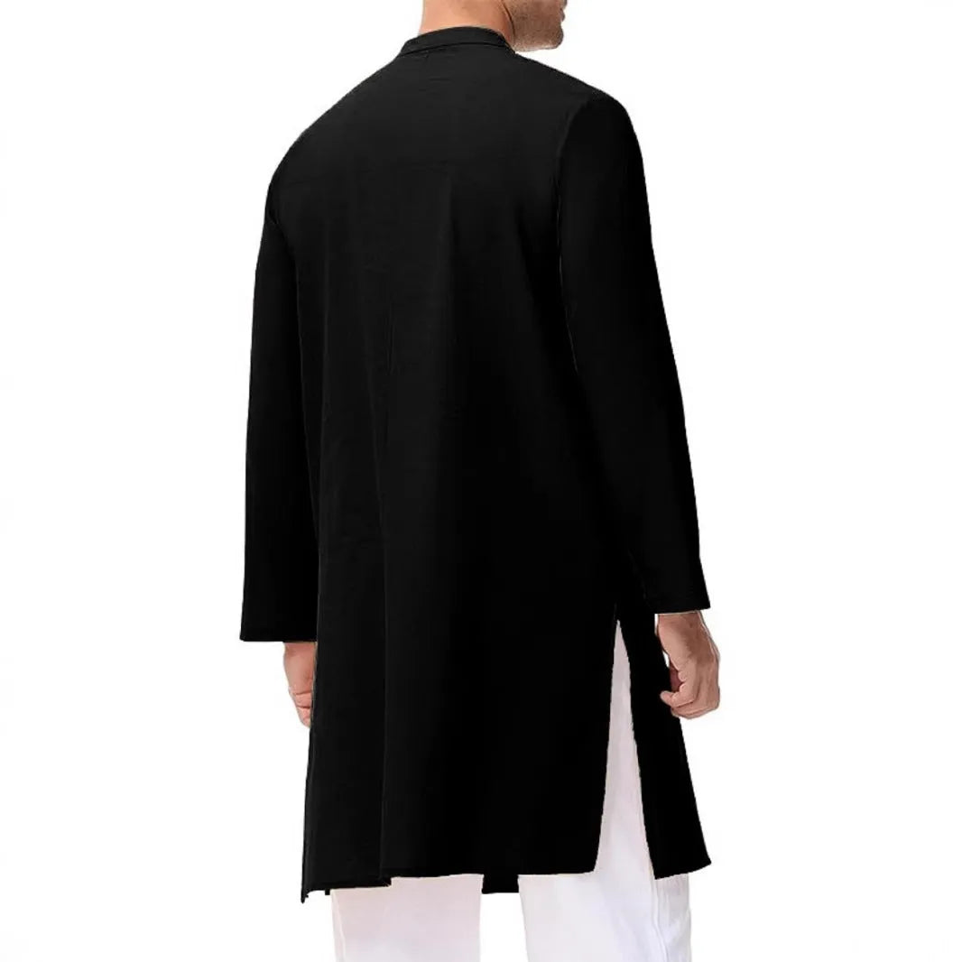 Men's black slim fit stand collar robe with long sleeves, polyester, size M-XXXL