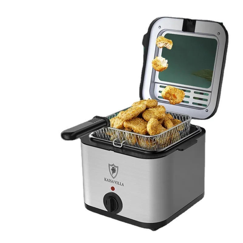 Silver electric air fryer appliance with detachable stainless steel basket on kitchen counter