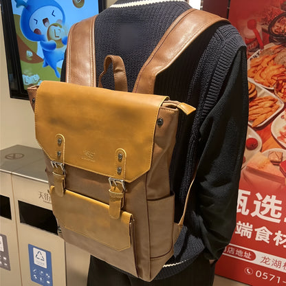 Unisex large capacity PU backpack in a solid colour, shown in college style.