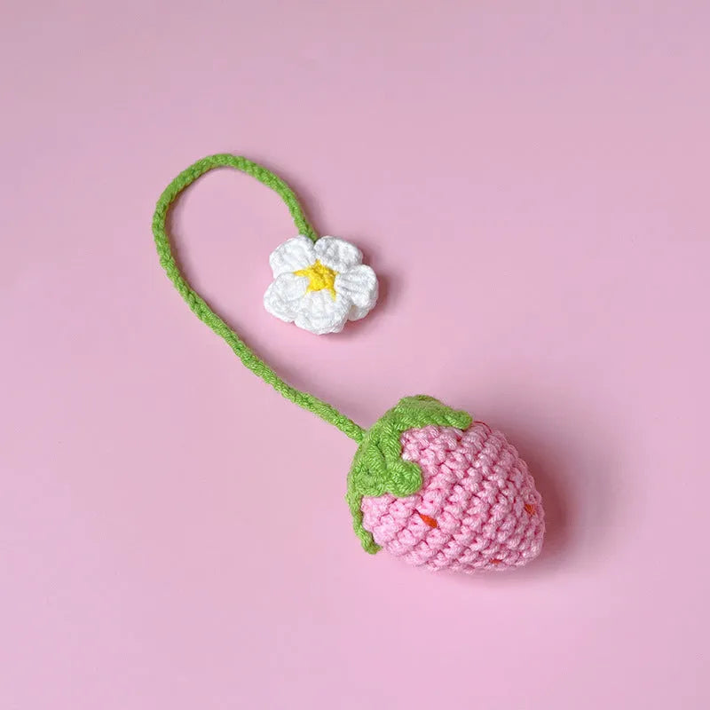 Wool crochet woven strawberry pendant necklace on 35cm chain in pink or red colour