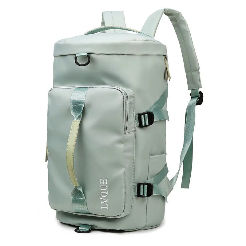 Waterproof nylon convertible gym bag with shoe compartment showing multiple pockets and carrying straps