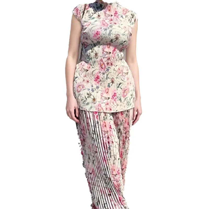 Long sleeve printed chiffon dress set with high waist, showing skirt and top in picture colour