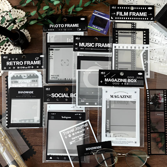 Frame Series Retro Film Journal Decorative Stickers with 15 PET transparent sheets showing six vintage frame designs