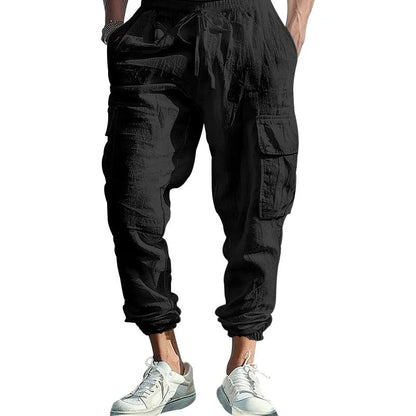 Men's linen trousers with ankle ties and multiple pockets in solid colour