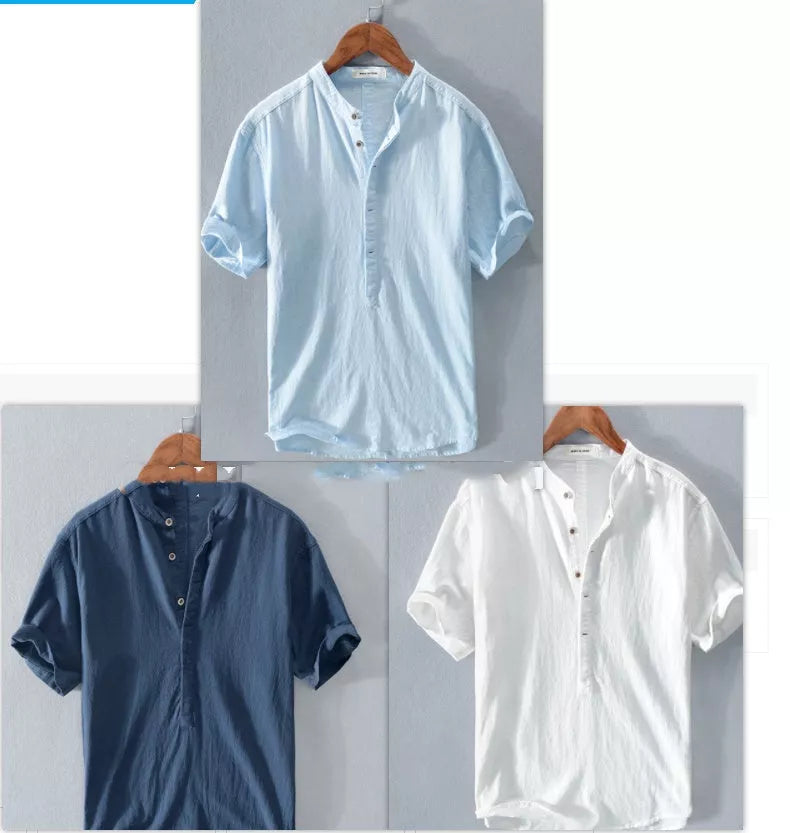 Men's Stand Collar Japanese Ice Silk Linen Short Sleeve T-shirt in various colors