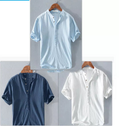 Men's Stand Collar Japanese Ice Silk Linen Short Sleeve T-shirt in various colors
