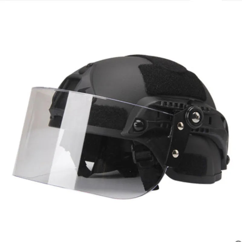 Transparent polycarbonate face shield helmet attachment with guide rail mount measuring 30cm by 15cm