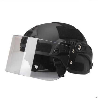 Transparent polycarbonate face shield helmet attachment with guide rail mount measuring 30cm by 15cm