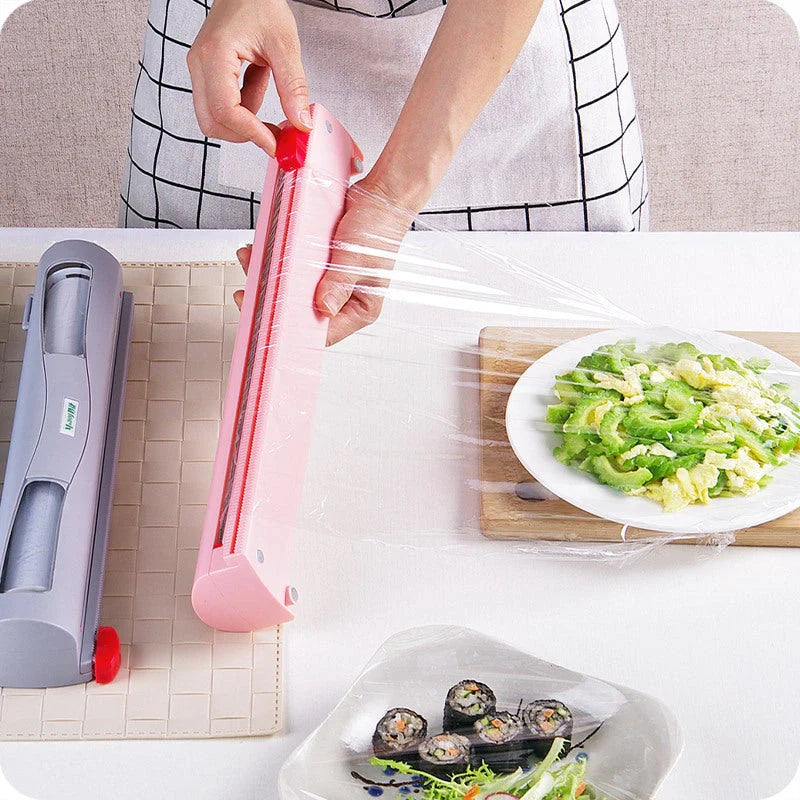 Household cling film cutter with stainless steel blade and ABS body for durable, precise food storage sealing