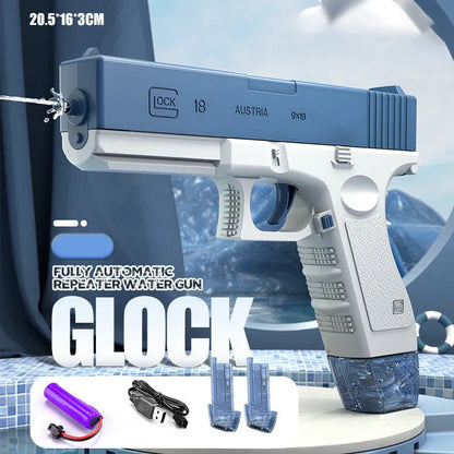 Blue automatic electric water gun with USB charging port and anti-skid grip handle.