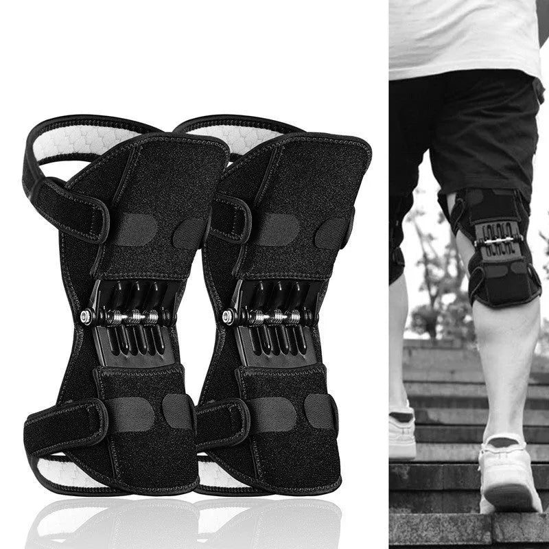 Adjustable spring knee brace for sports support in black, shown with straps.