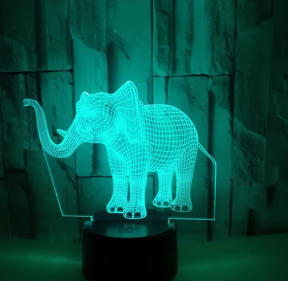 3D elephant LED table lamp with colourful illumination and touch control base measuring 87x87x42mm