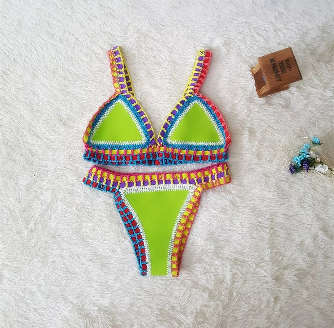 Hand crochet colorful bikini set with spell color rubber accents, available in multiple sizes and colors.