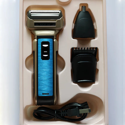 15.2cm electric shaver with clipper, nose hair attachment, and charging cable