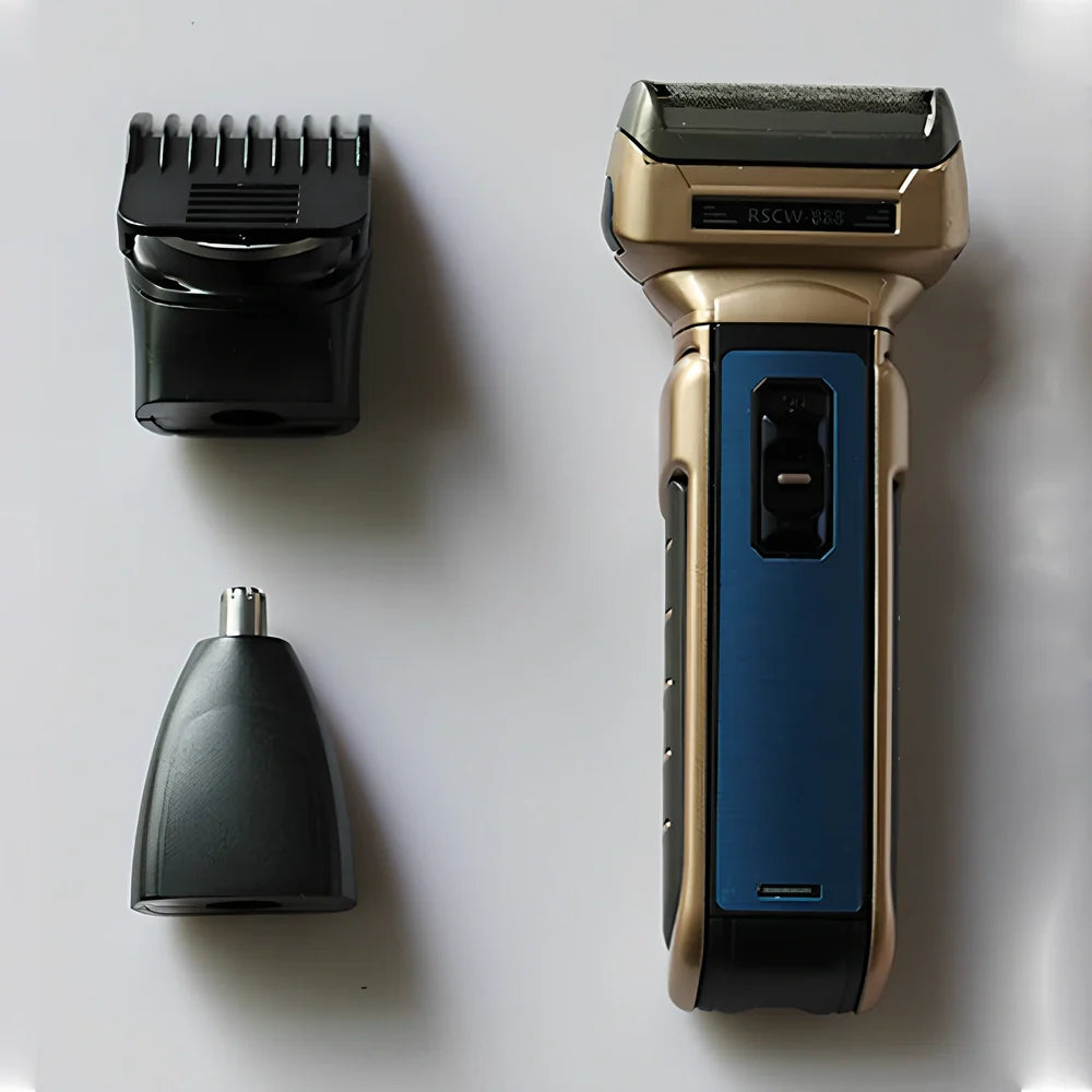 15.2cm electric shaver with clipper, nose hair attachment, and charging cable