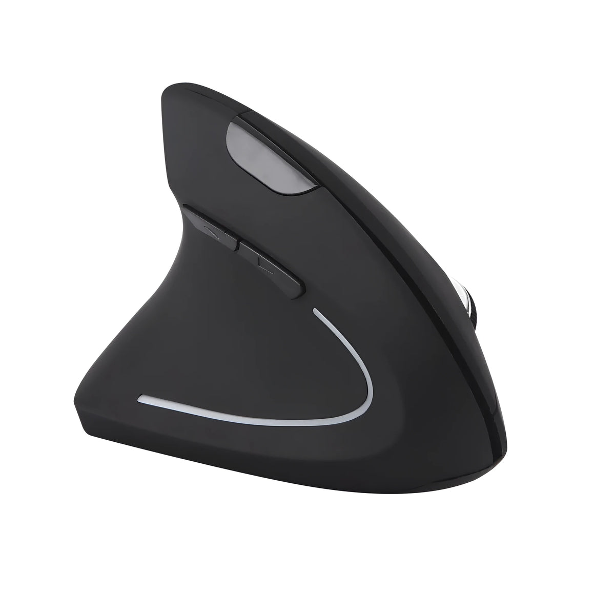 Black left hand vertical wireless mouse with DPI button, thumb buttons, 108g, 4.92 x 2.56 x 3.23 inches