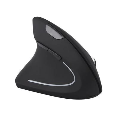 Black left hand vertical wireless mouse with DPI button, thumb buttons, 108g, 4.92 x 2.56 x 3.23 inches
