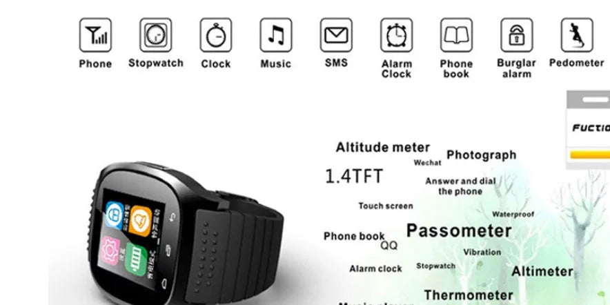 Black Bluetooth sports watch compatible with Apple iPhone and Android phones with waterproof design