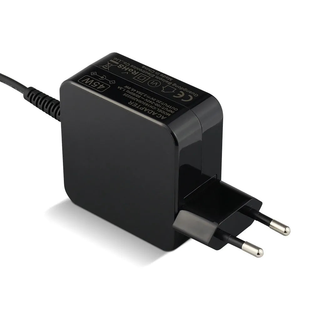 Black Hua 45W laptop adapter with DC connector showing compact 99.3×36.5×61.8mm dimensions