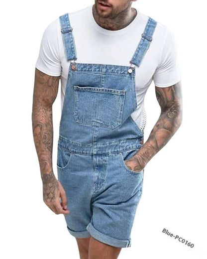 Black denim suspender shorts for men on a hanger, showing mid-waist and shorts length.