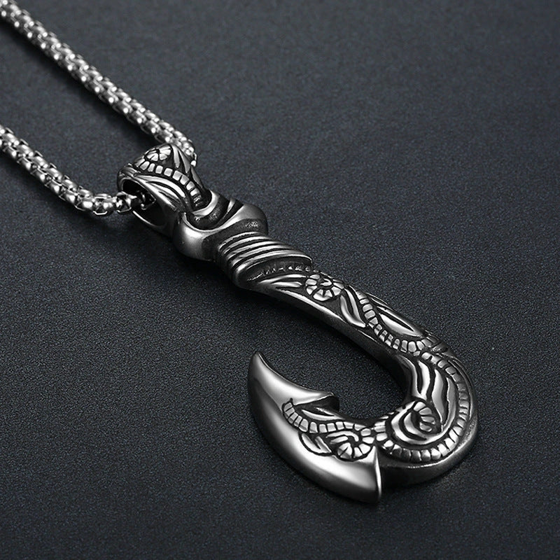 Vintage titanium steel fish hook pendant with snake chain, perfect for unisex fashion.