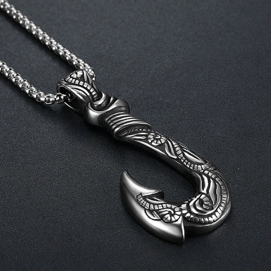 Vintage titanium steel fish hook pendant with snake chain, perfect for unisex fashion.