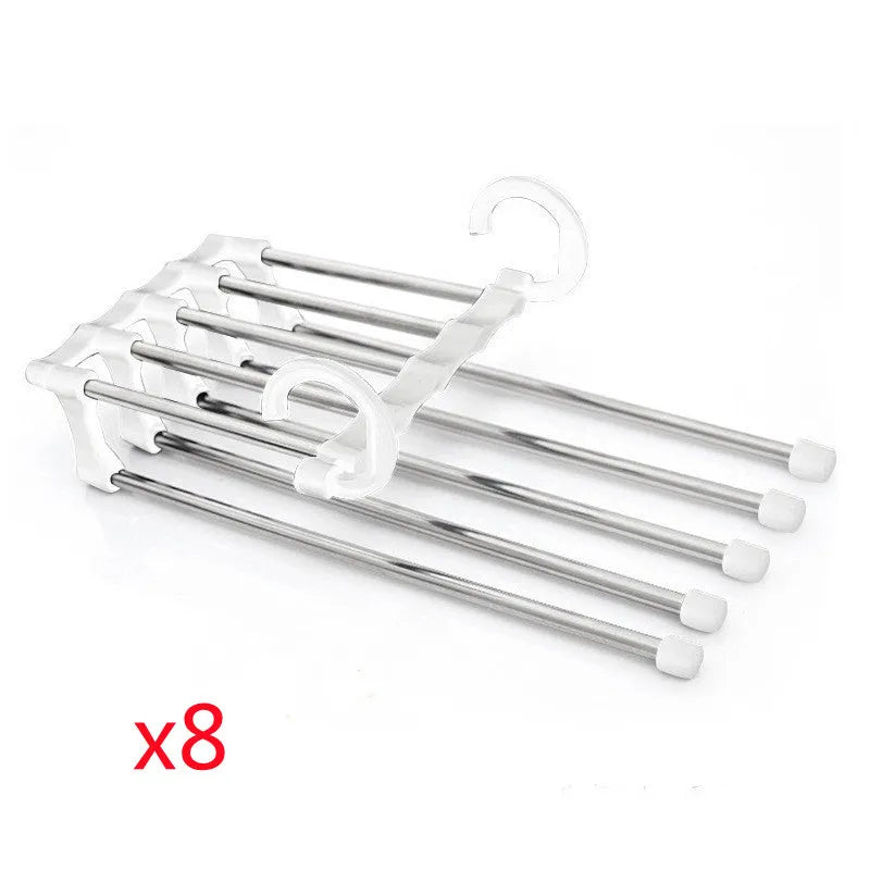 Five-boom stainless steel wardrobe hanger for trousers showing both level and vertical hanging methods