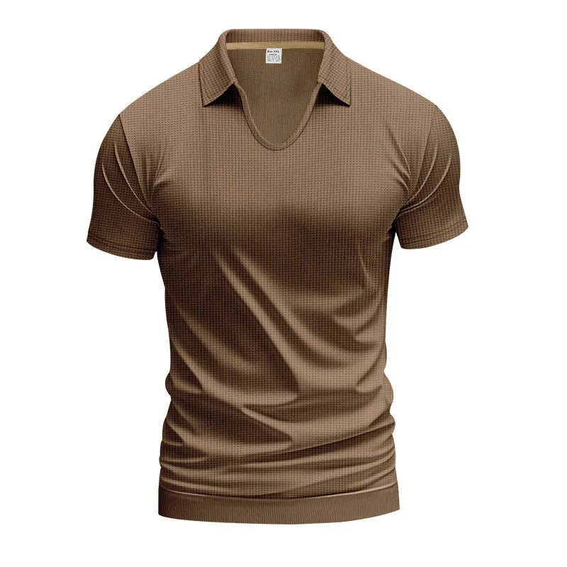Men's loose fit light grey V-neck short sleeve T-shirt laid flat