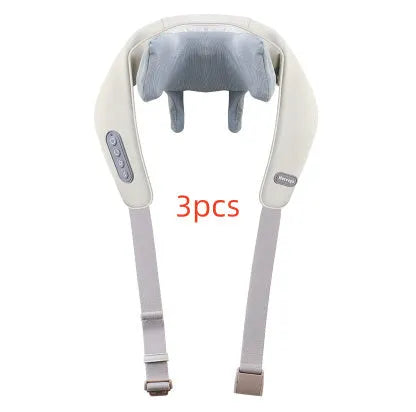 Shoulder and neck massager with hot compress, six vibration caps, three gears, 10 minute timer, PU leather, beige or grey.