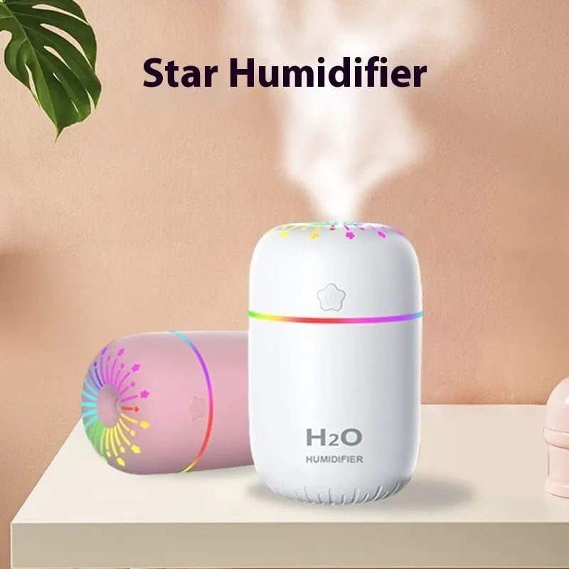 White USB mini humidifier with 300ml tank on desk beside laptop showing compact 75x75x116mm size