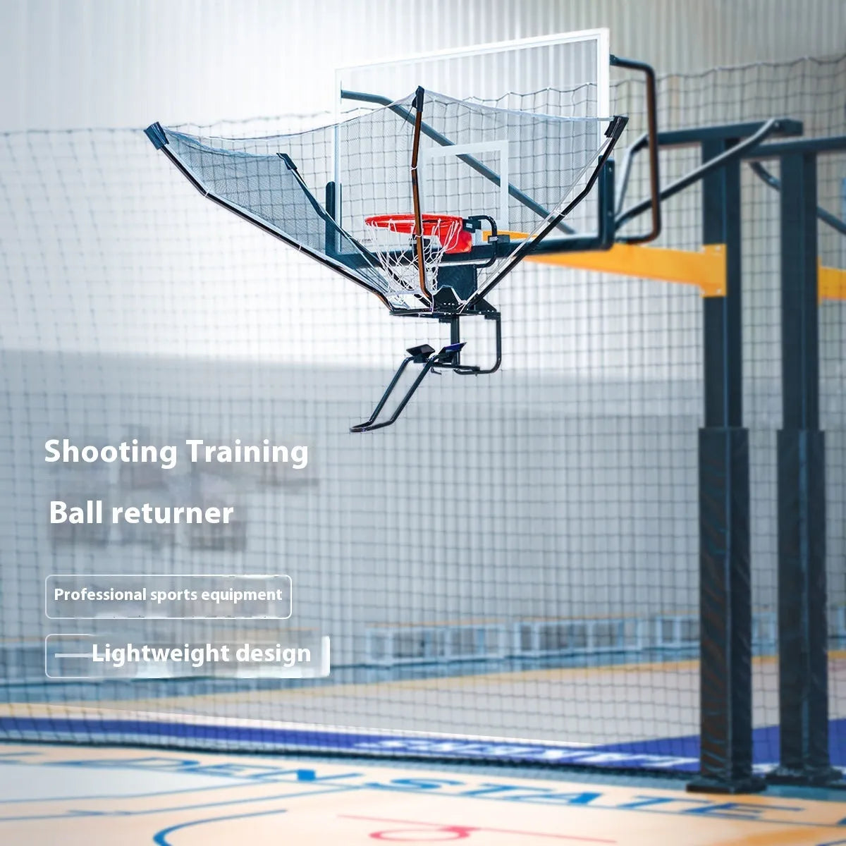 Automatic basketball training ball return with adjustable height mechanism hanging on hoop