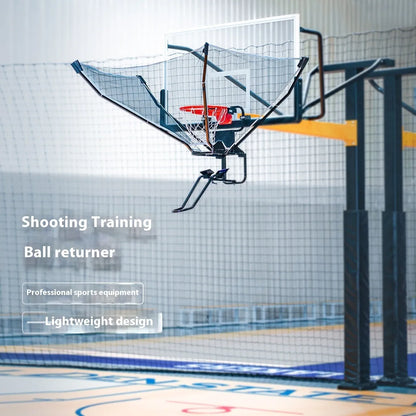 Automatic basketball training ball return with adjustable height mechanism hanging on hoop