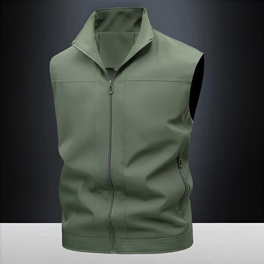 Men's loose fit casual work shirt with a stand-up collar in an army green colour.