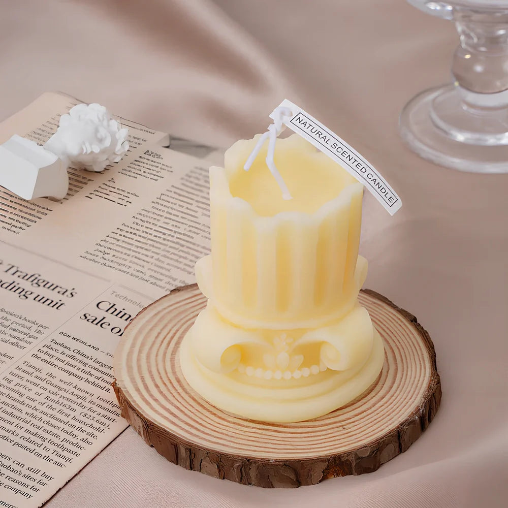Roman pillar scented candle measuring 8.5cm tall with 7cm diameter, handmade from 160g soy wax