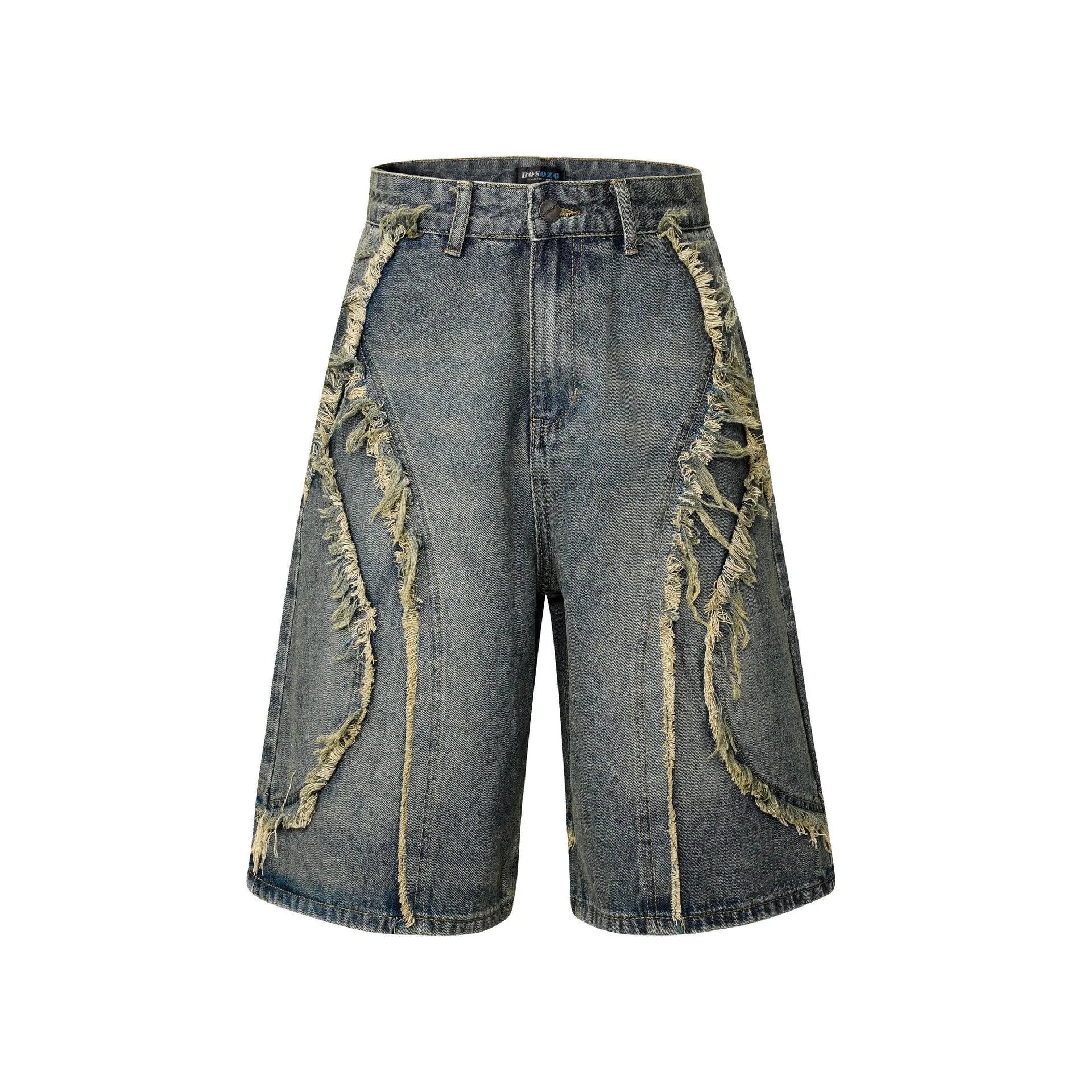 American Pu Shuai black distressed denim shorts with raw edge hem, straight leg, on a plain background.
