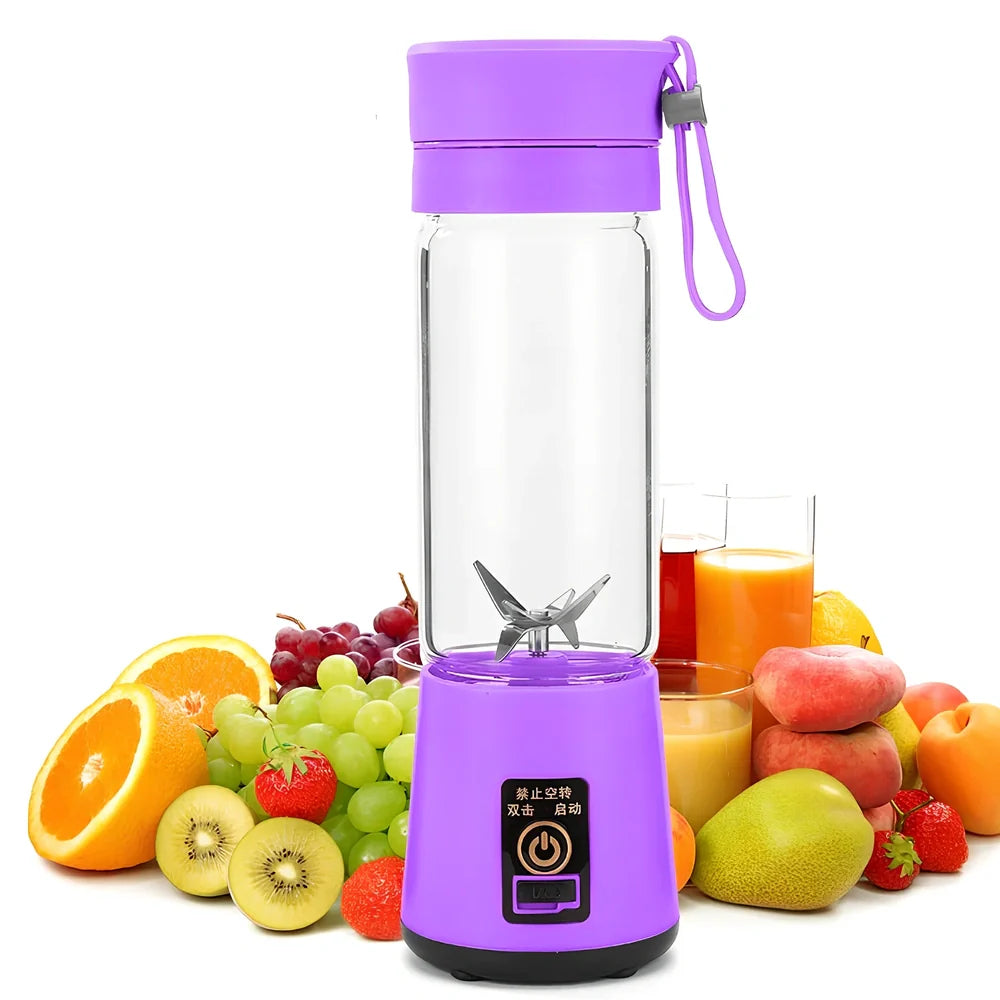 Portable blender with 400ml transparent cup, USB charging port, and 6 stainless steel blades
