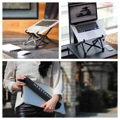 Sagacious black folding laptop stand with carrying case, shown folded and unfolded