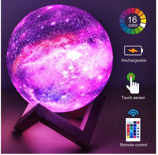 3D printed moon lamp with detailed crater surface on wooden base showing LED illumination