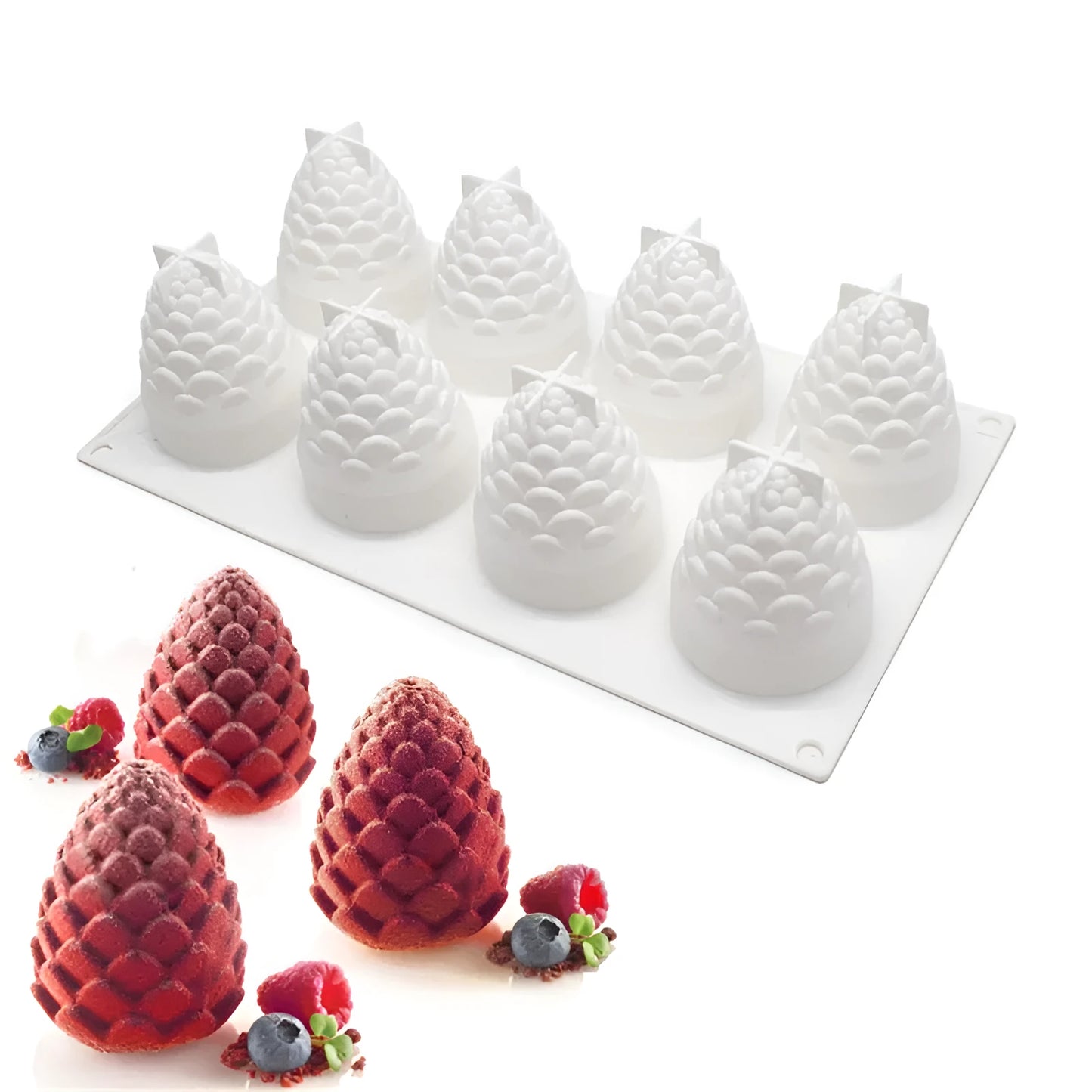 Green silicone baking mould with six cavities shaped like pineapples and pine cones for making desserts.