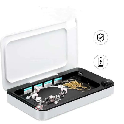 White multifunctional wireless phone charger and ultraviolet air steriliser unit with remote control.