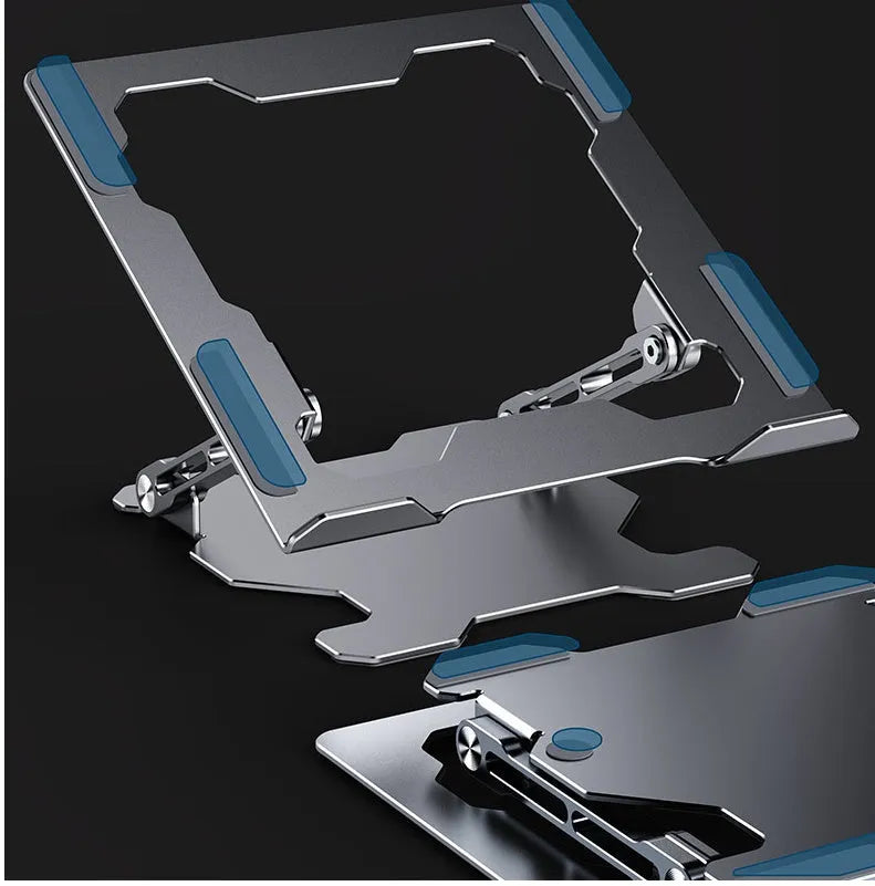 Grey aluminium alloy laptop stand with adjustable angle and folding legs for portable use