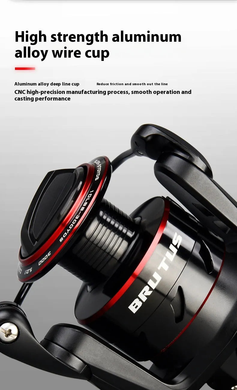 All-metal spinning fishing reel and collapsed telescopic rod combo on a background