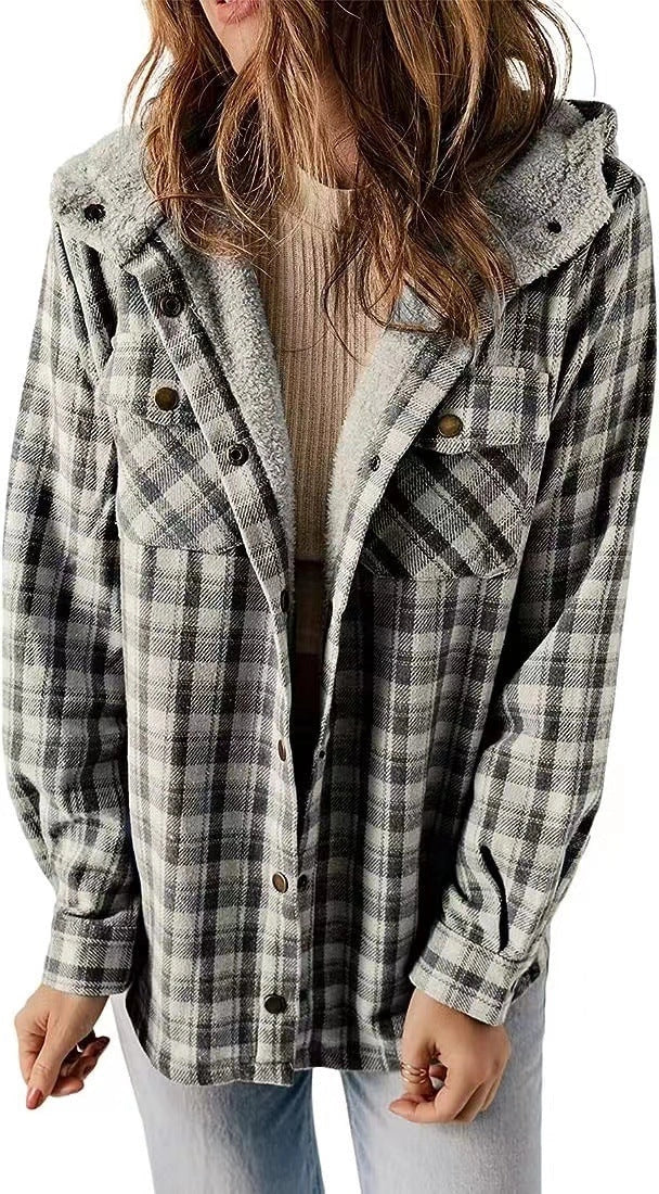 Casual Plaid Hooded Woolen Coat with fleece lining in various colors