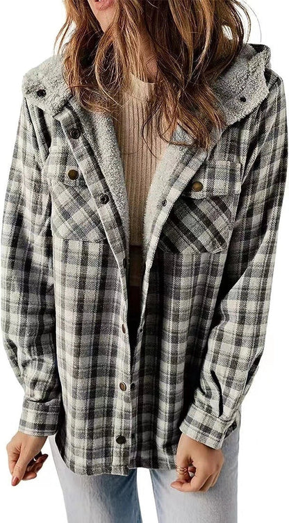 Casual Plaid Hooded Woolen Coat with fleece lining in various colors