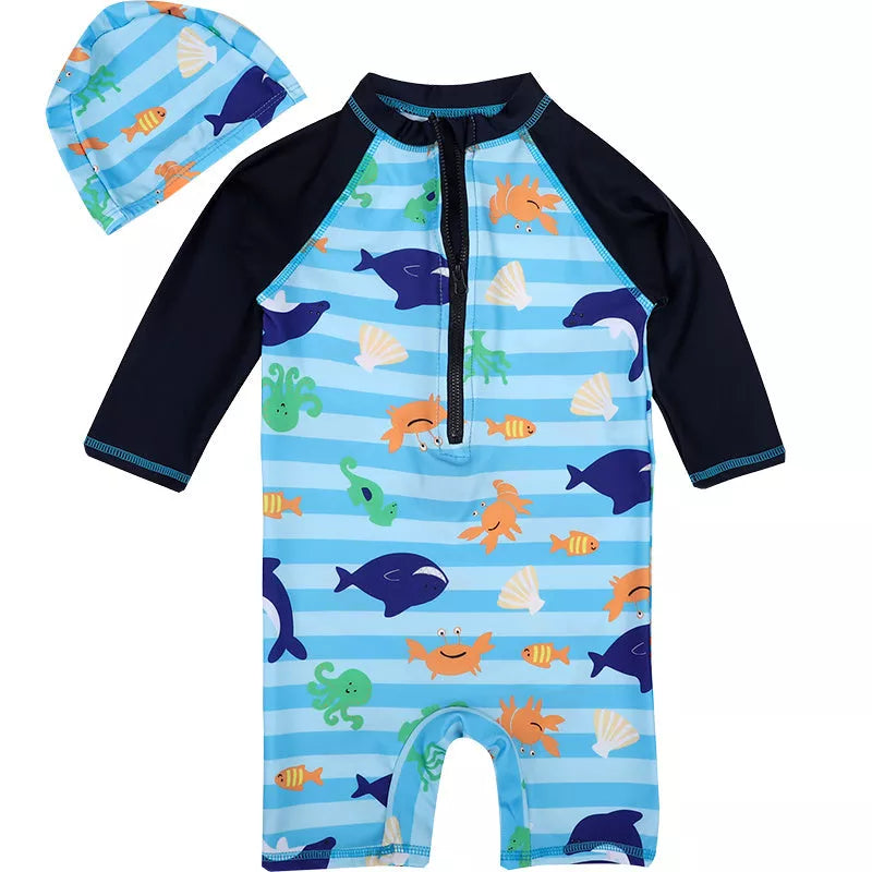 Children's one-piece swimsuit in striped shark and monster designs, sizes 2-10 yards
